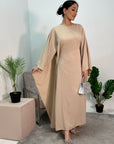 Aleena Beige Plain Silky Satin Batwing Kaftan Dress