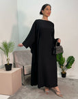 Aleena Black Plain Silky Satin Batwing Kaftan Dress