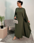 Aleena Khaki Plain Silky Satin Batwing Kaftan Dress