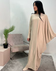 Hiba Beige Elegant Cape & Sleeve Modest Abaya Dress