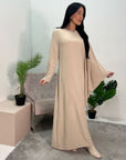 Hiba Beige Elegant Cape & Sleeve Modest Abaya Dress