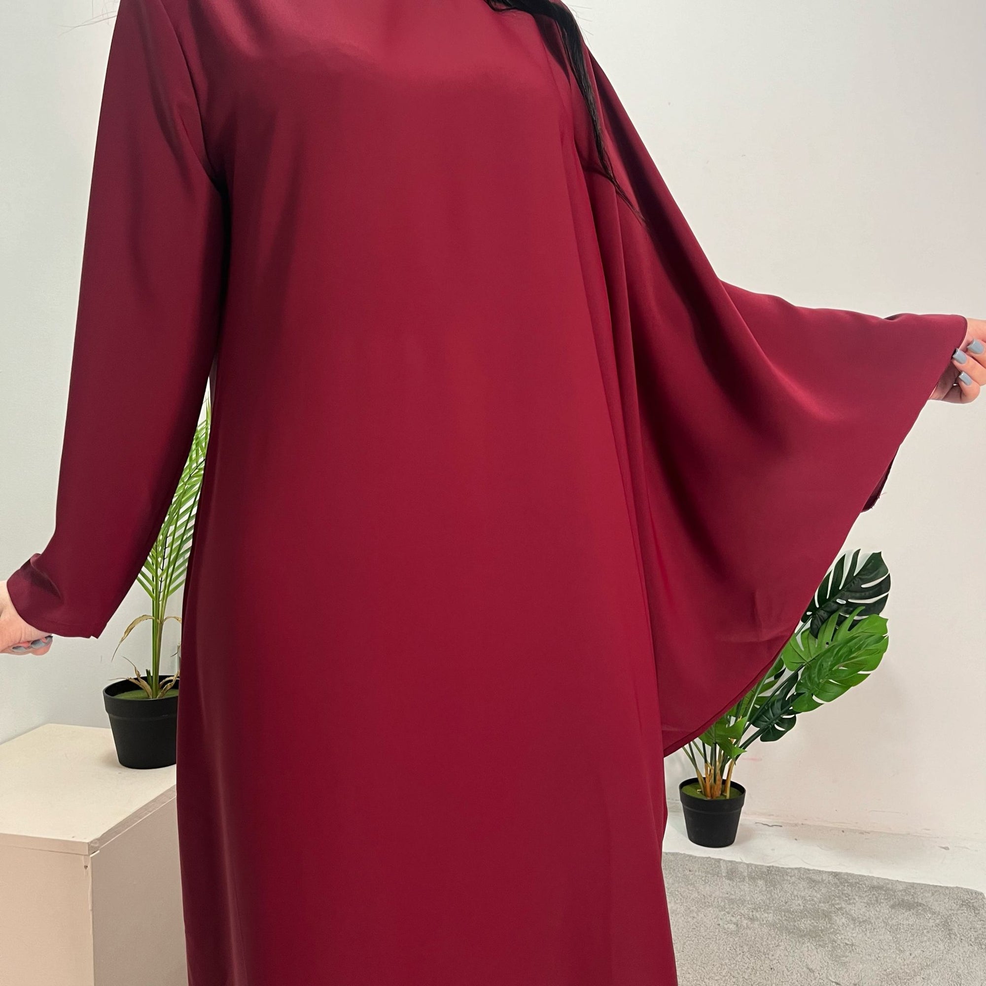 Hiba Wine Elegant Cape &amp; Sleeve Modest Abaya Dress