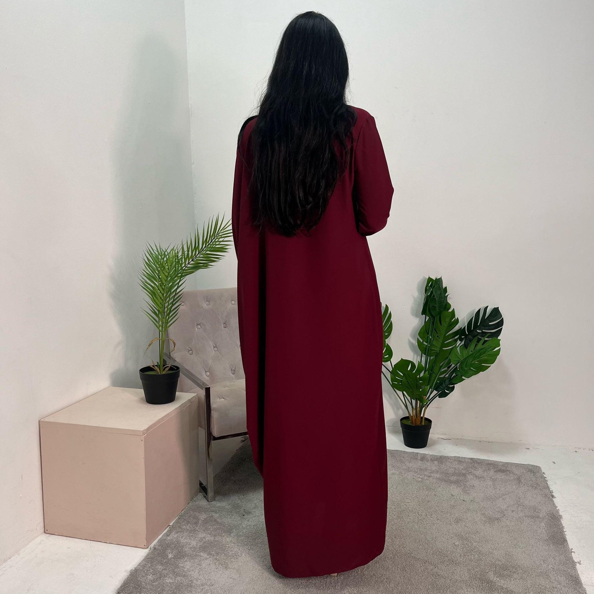 Hiba Wine Elegant Cape &amp; Sleeve Modest Abaya Dress