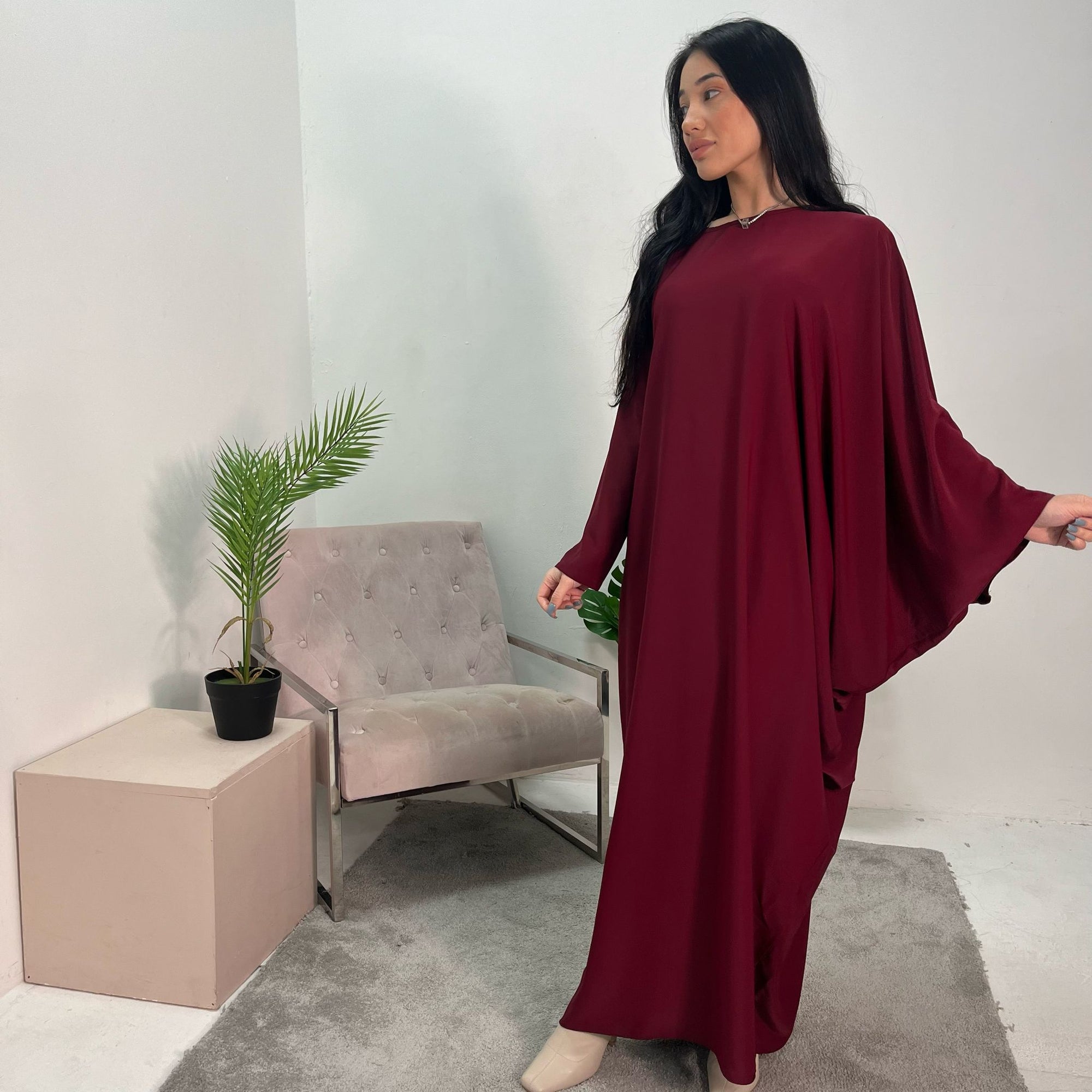 Hiba Wine Elegant Cape &amp; Sleeve Modest Abaya Dress