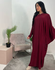 Hiba Wine Elegant Cape & Sleeve Modest Abaya Dress