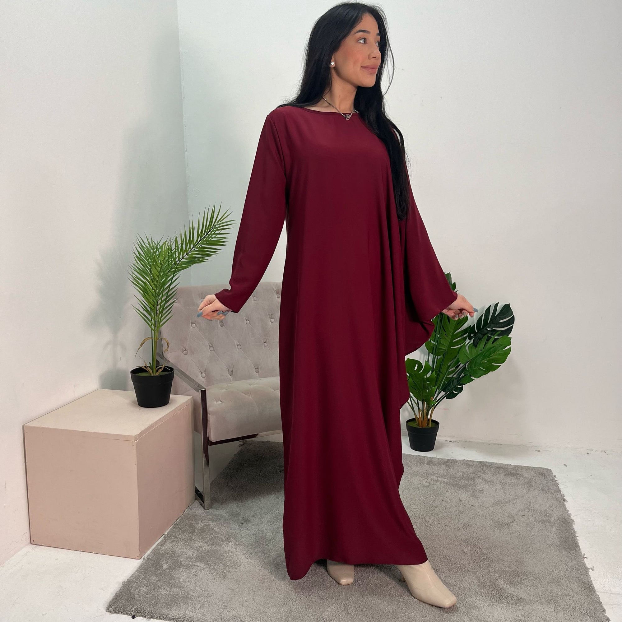 Hiba Wine Elegant Cape &amp; Sleeve Modest Abaya Dress