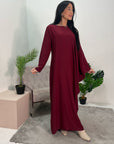 Hiba Wine Elegant Cape & Sleeve Modest Abaya Dress