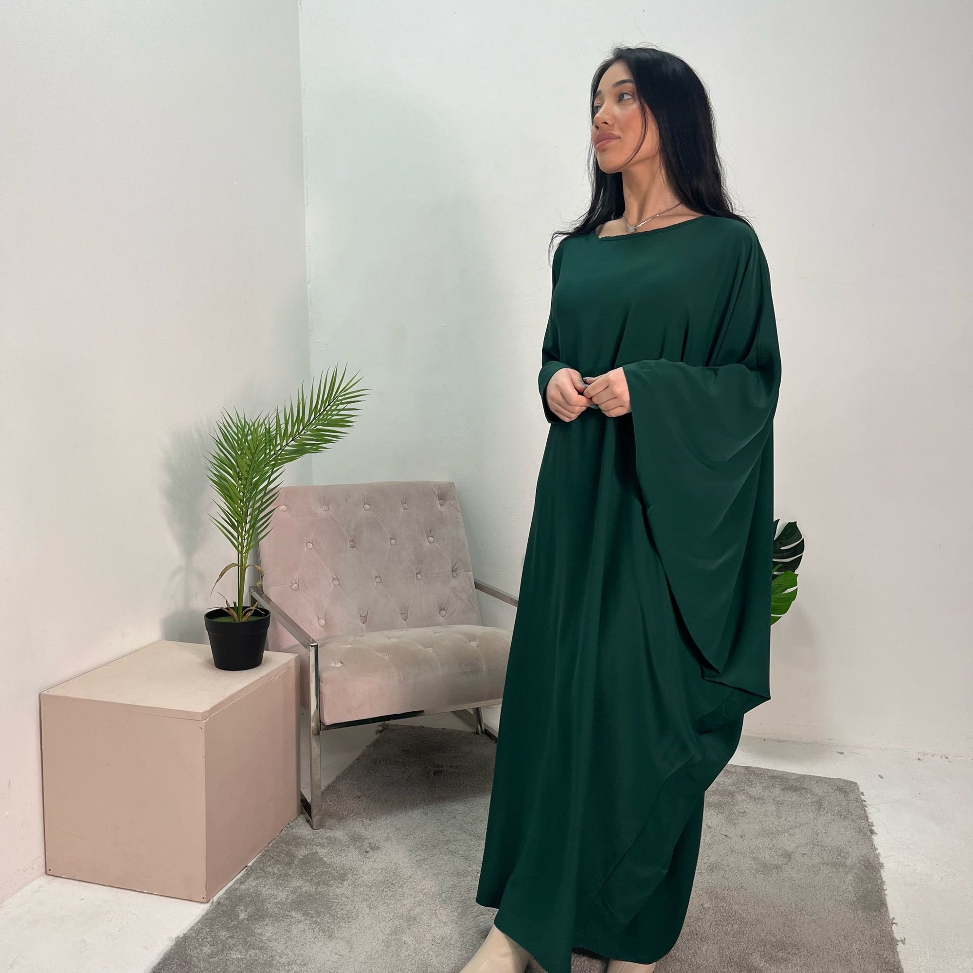 Hiba Emerald Green Elegant Cape &amp; Sleeve Modest Abaya Dress