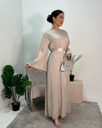 Maira Beige Premium Heavy Satin Belted Dress With Pearl Sleeve Detail