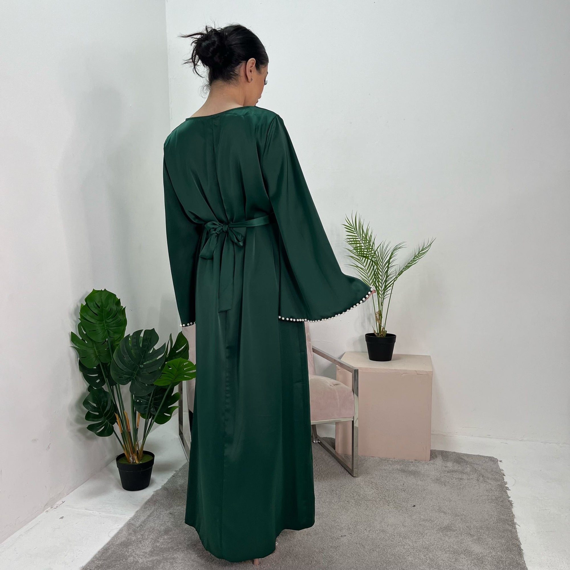 Maira Emerald Green Premium Heavy Satin Belted Dress With Pearl Sleeve Detail