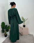 Maira Emerald Green Premium Heavy Satin Belted Dress With Pearl Sleeve Detail