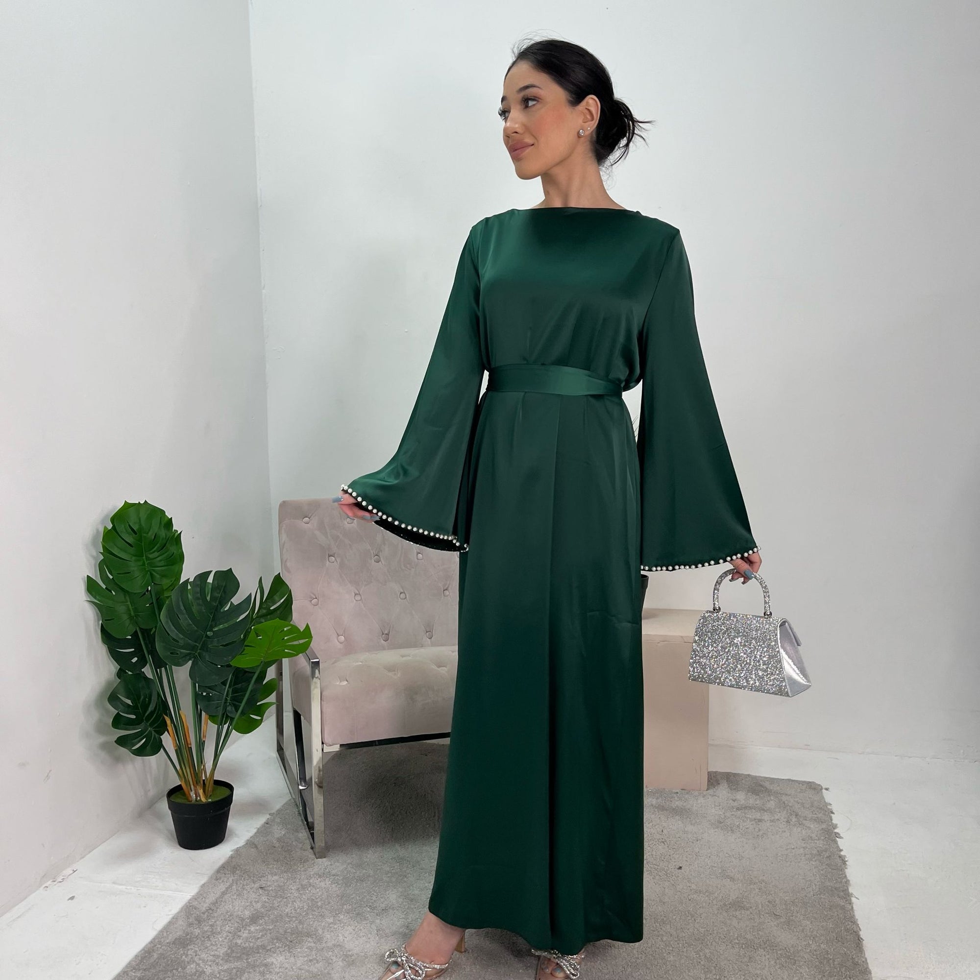 Maira Emerald Green Premium Heavy Satin Belted Dress With Pearl Sleeve Detail