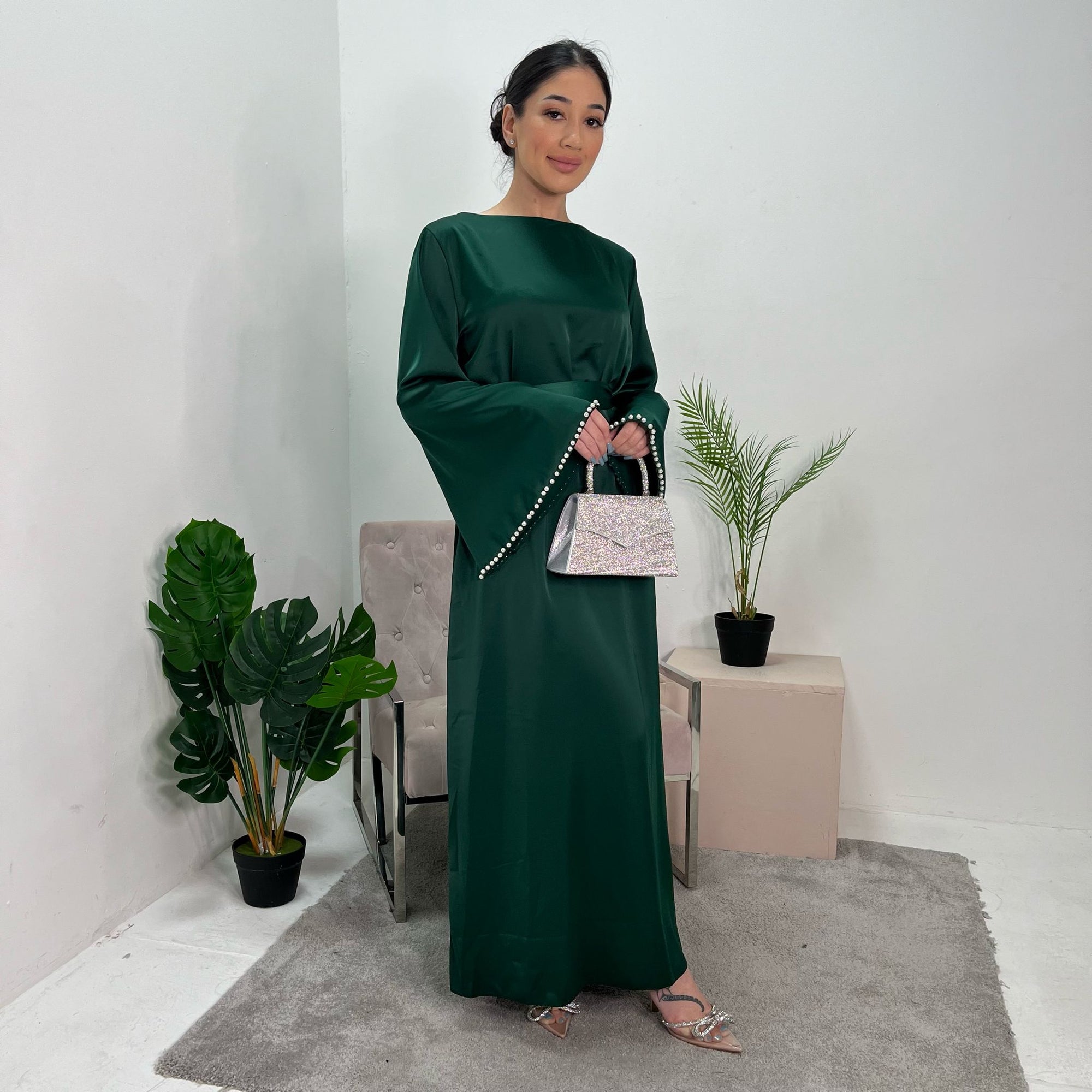 Maira Emerald Green Premium Heavy Satin Belted Dress With Pearl Sleeve Detail