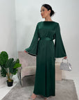 Maira Emerald Green Premium Heavy Satin Belted Dress With Pearl Sleeve Detail