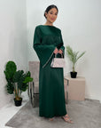 Maira Emerald Green Premium Heavy Satin Belted Dress With Pearl Sleeve Detail