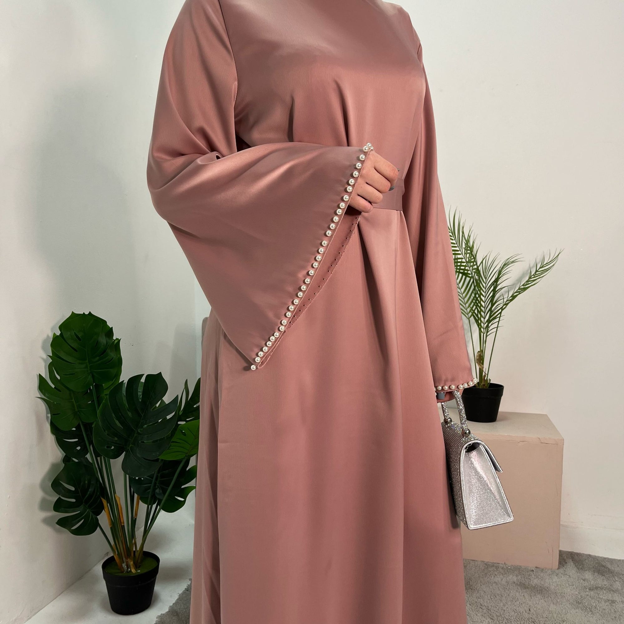 Maira Pink Premium Heavy Satin Belted Dress With Pearl Sleeve Detail