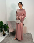 Maira Pink Premium Heavy Satin Belted Dress With Pearl Sleeve Detail