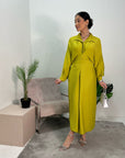 Madiha Lime Green Plain Summer Belted Shirt Dress