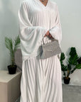 Fareeha White V Neck Pleated Abaya Flare Sleeve Dress