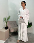 Fareeha White V Neck Pleated Abaya Flare Sleeve Dress