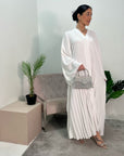 Fareeha White V Neck Pleated Abaya Flare Sleeve Dress