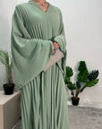 Fareeha Mint V Neck Pleated Abaya Flare Sleeve Dress