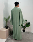 Fareeha Mint V Neck Pleated Abaya Flare Sleeve Dress