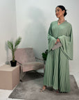 Fareeha Mint V Neck Pleated Abaya Flare Sleeve Dress