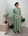 Fareeha Mint V Neck Pleated Abaya Flare Sleeve Dress