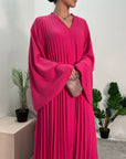 Fareeha Hot Pink V Neck Pleated Abaya Flare Sleeve Dress