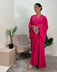 Fareeha Hot Pink V Neck Pleated Abaya Flare Sleeve Dress