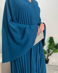 Fareeha Teal V Neck Pleated Abaya Flare Sleeve Dress