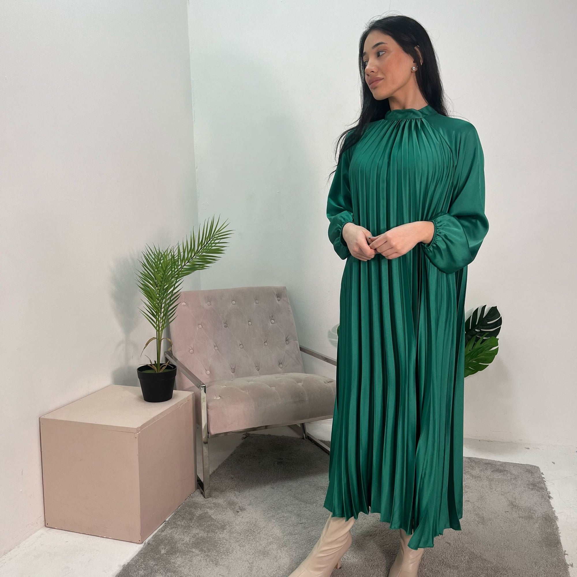 Reha Emerald Green Pleated Long Satin Dress