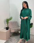 Reha Emerald Green Pleated Long Satin Dress