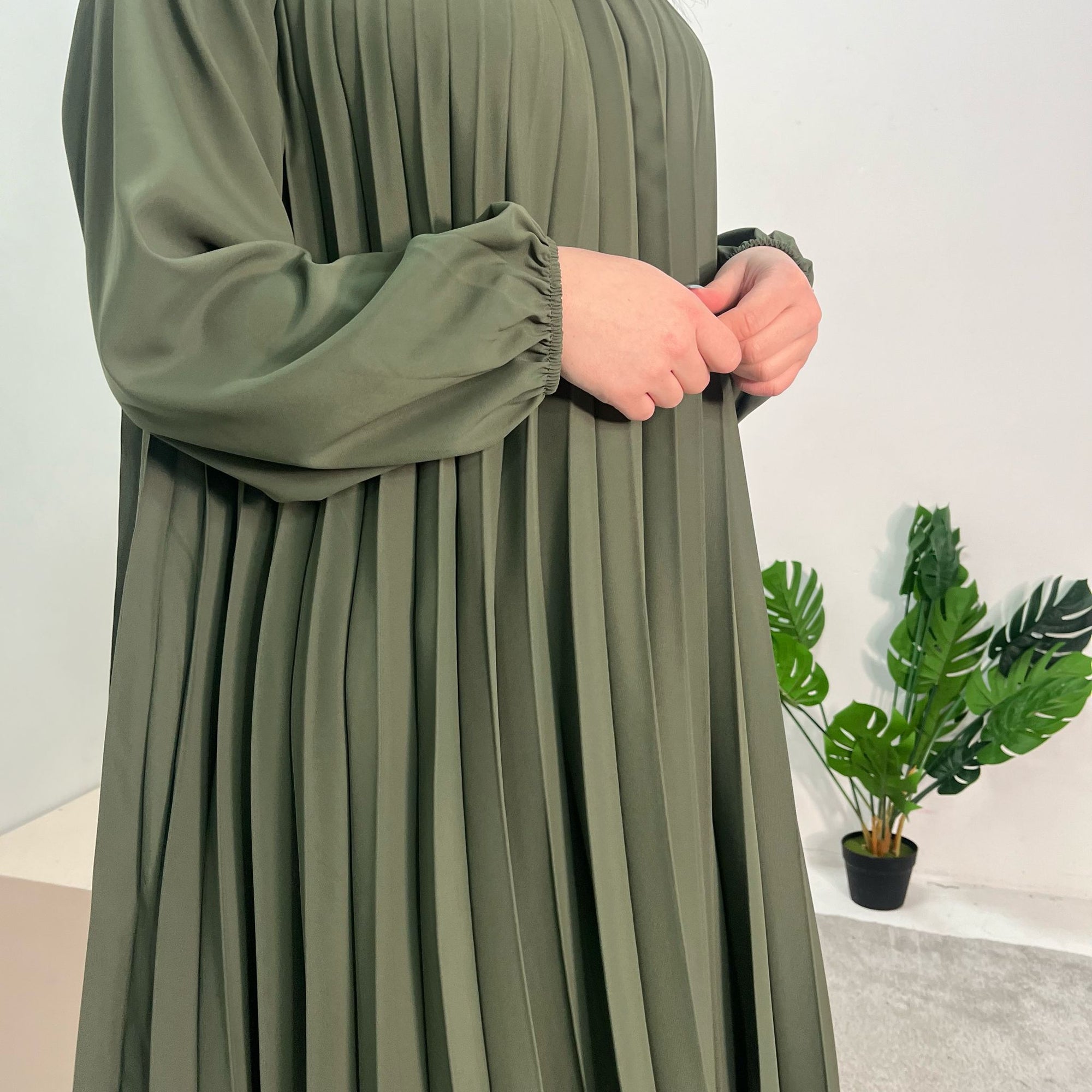 Reha Khaki Pleated Long Satin Dress