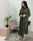 Reha Khaki Pleated Long Satin Dress