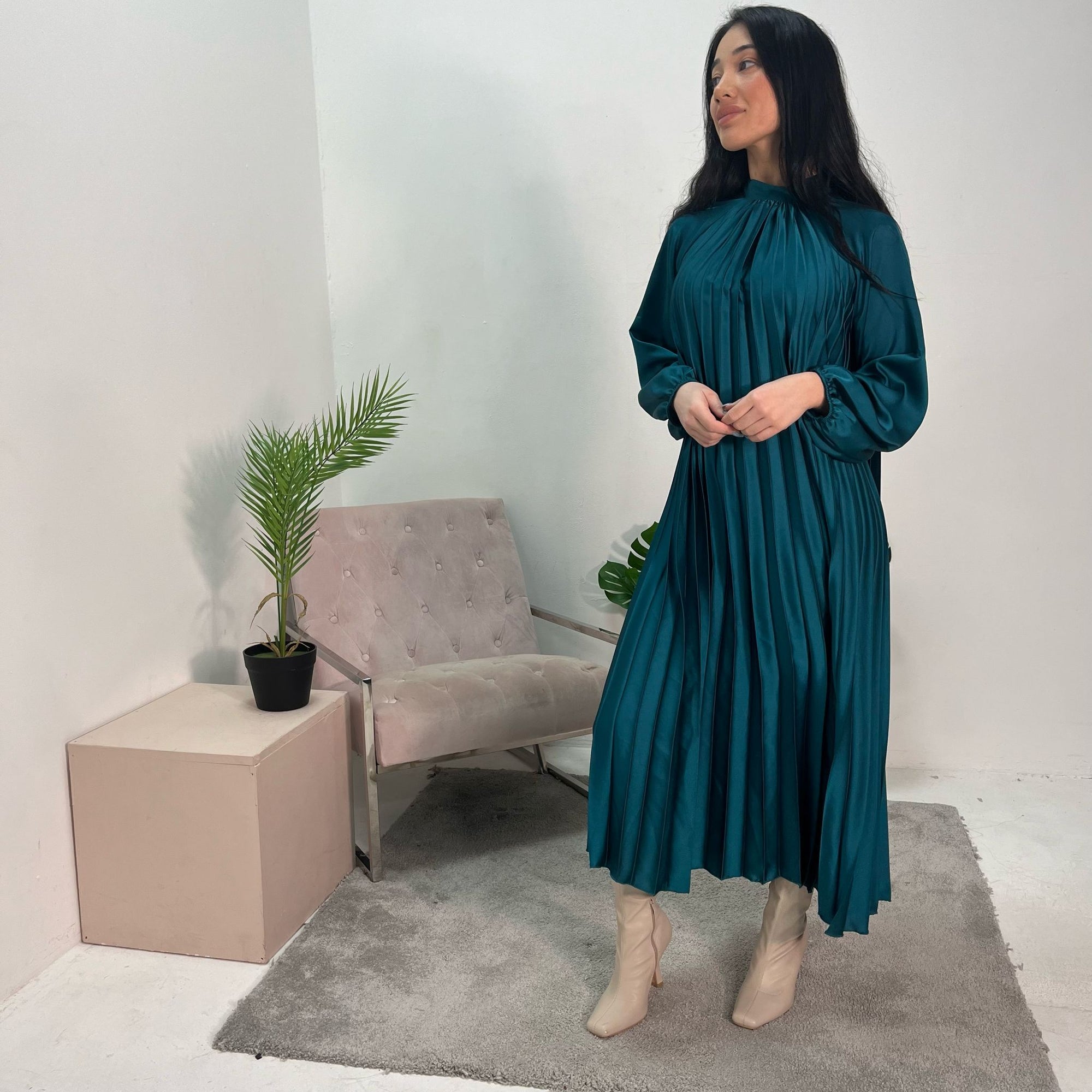 Reha Teal Pleated Long Satin Dress