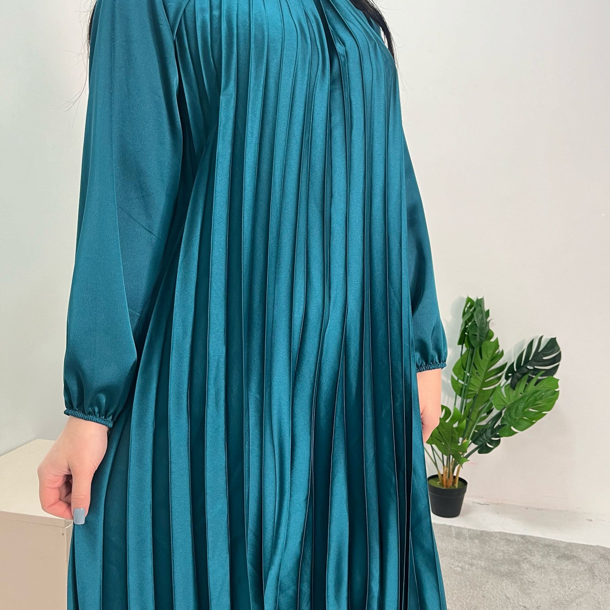 Reha Teal Pleated Long Satin Dress