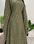 Amara Khaki Leaf Print Elasticated Waist Kaftan Dress