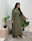 Amara Khaki Leaf Print Elasticated Waist Kaftan Dress