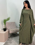 Amara Khaki Leaf Print Elasticated Waist Kaftan Dress