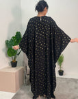 Amara Black Leaf Print Elasticated Waist Kaftan Dress