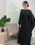 Amara Black Leaf Print Elasticated Waist Kaftan Dress