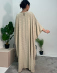 Amara Beige Leaf Print Elasticated Waist Kaftan Dress