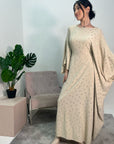 Amara Beige Leaf Print Elasticated Waist Kaftan Dress