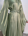 Huda Green Flared Sleeve Shimmer Belted Dress