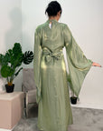 Huda Green Flared Sleeve Shimmer Belted Dress