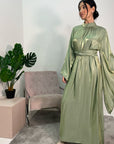 Huda Green Flared Sleeve Shimmer Belted Dress