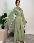 Huda Green Flared Sleeve Shimmer Belted Dress