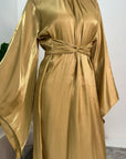 Huda Gold Flared Sleeve Shimmer Belted Dress